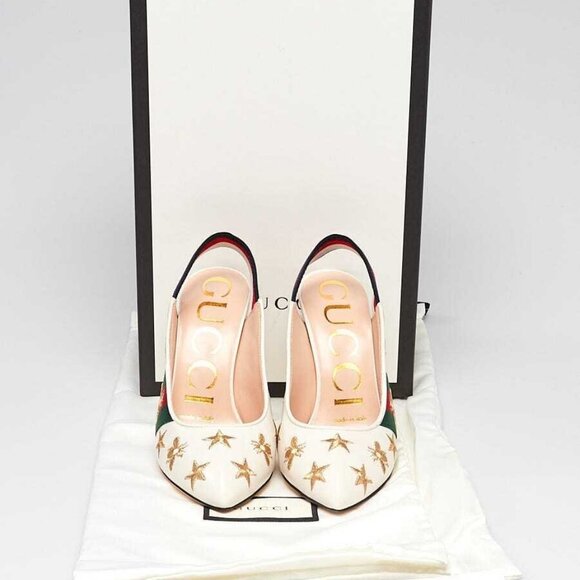 Gucci White Leather Gold Star Slingback Pumps Size 4/34.5 - Picture 1 of 5